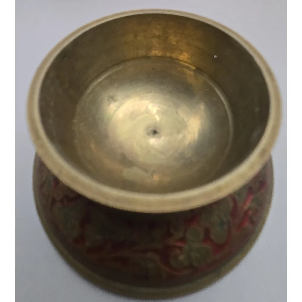 1940s Solid Brass Elephant Claw Bell Red & Green Inlayed Floral Pattern 2 Pieces
